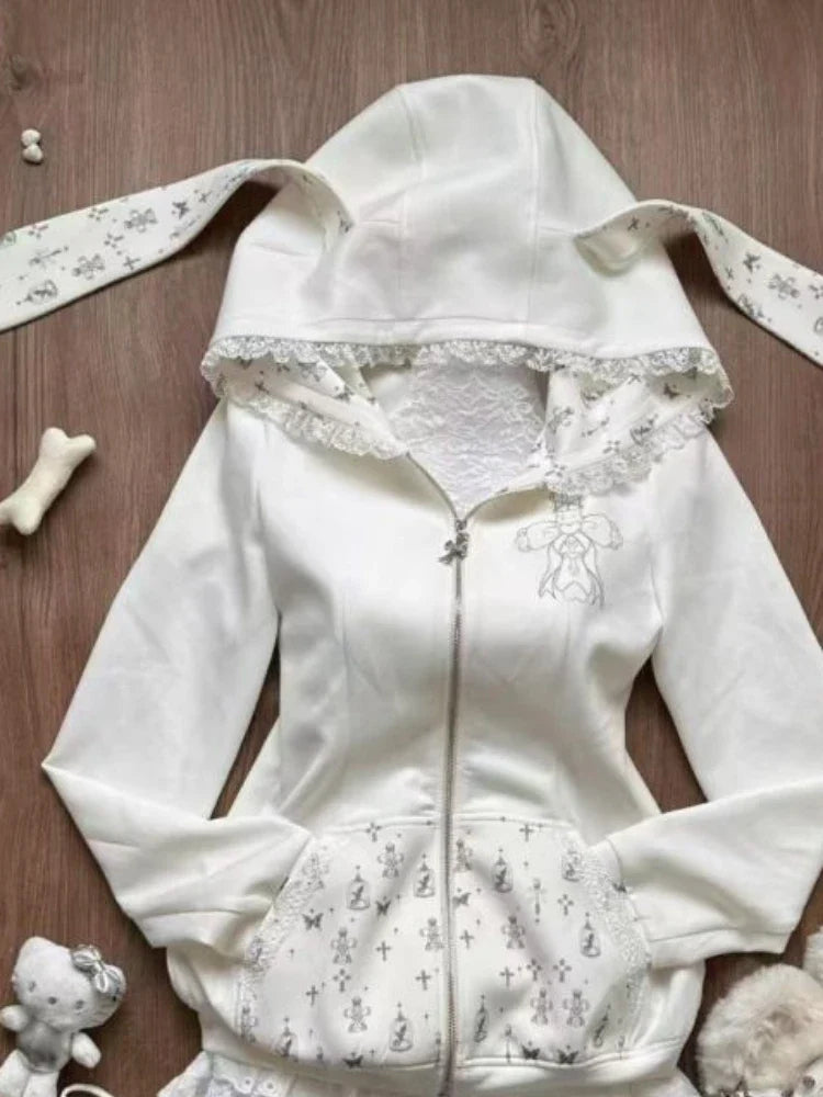 maoxiangshop - Korean Cute 2 Pieces Set Y2K Aesthetic Cartoon Patchwork Lace Rabbit Ears Hoodies + Bandage Lace Mini Cake Skirts Fairy Outfits