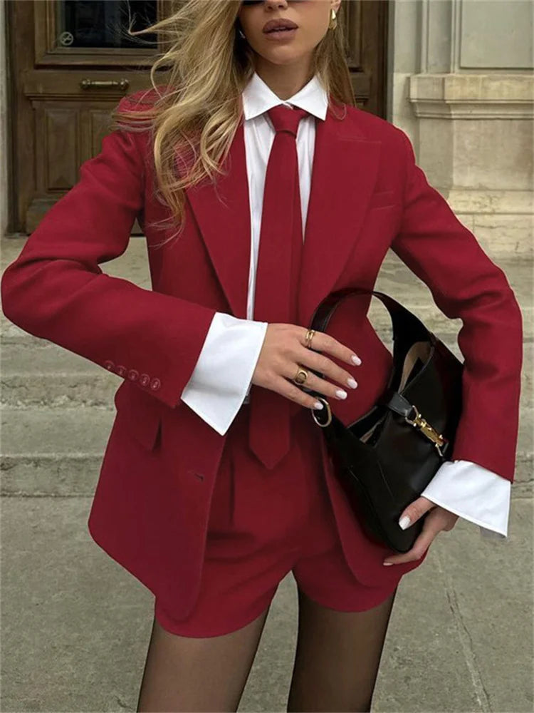 maoxiangshop - Female 2 Piece-Set Elegant Neckties Suit Pocket Outwear And High Waist Shorts Sets Commute Clothes Women's Outfits Autumn