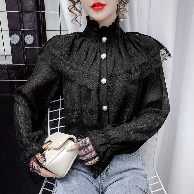 maoxiangshop Solid Patchwork Elegant Blouse Women Spring Lace Designer Chiffon Bouse Female Office Lady Casual French Korean Tops Women