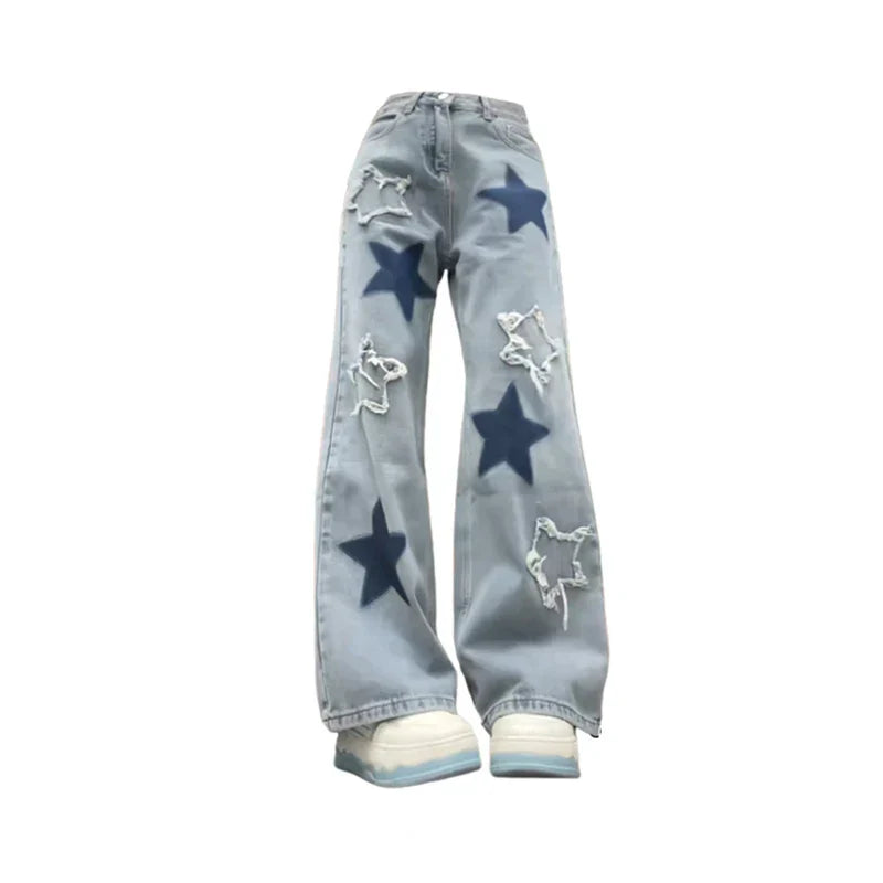 maoxiangshopWomen's Baggy Blue Star Jeans Vintage Y2k 90s Aesthetic Denim Trousers Harajuku High Waist Wide Cowboy Pants 2000s Clothes