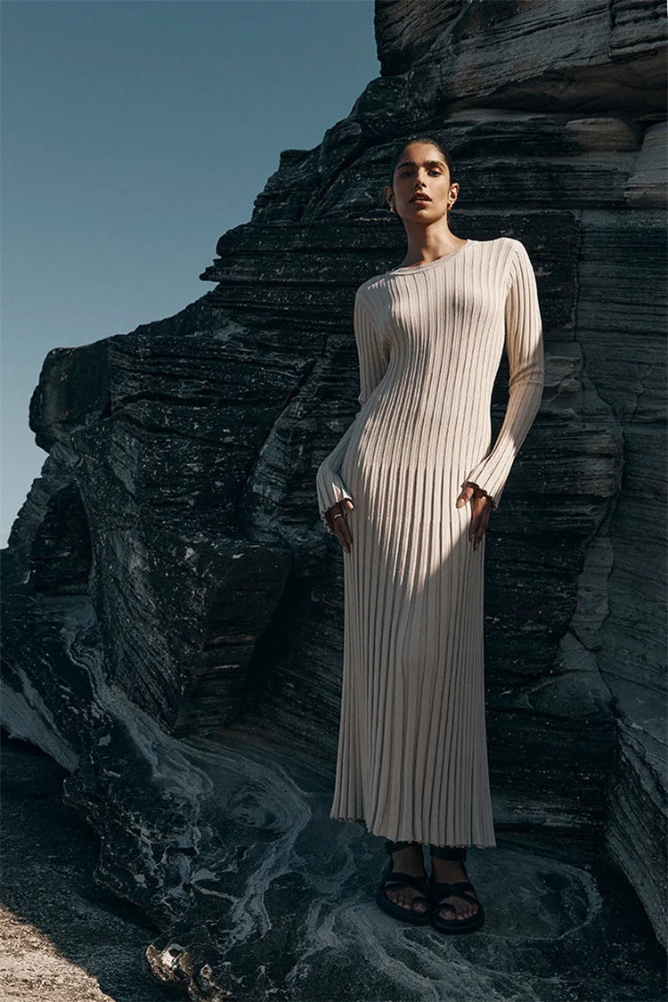 maoxiangshop - Fashion Long Sleeve Crewneck Tight Knitted Sweater Dress Autumn New Sweater Dress Women Pit Solid Color Base Dress elegant