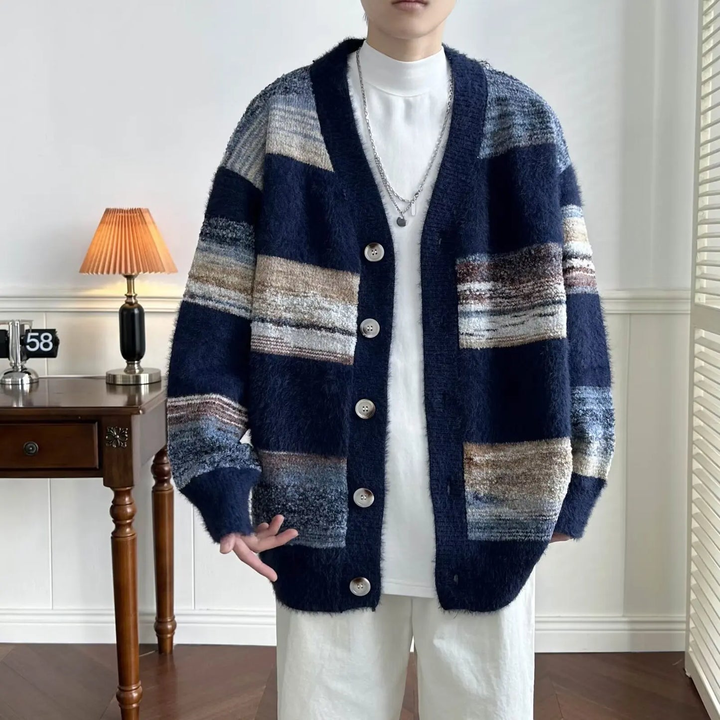 maoxiangshop Striped Cardigan Men Chic Baggy Slouchy V-neck Japanese Style Harajuku Vintage High Street Knitting Sweaters All-match Autumn