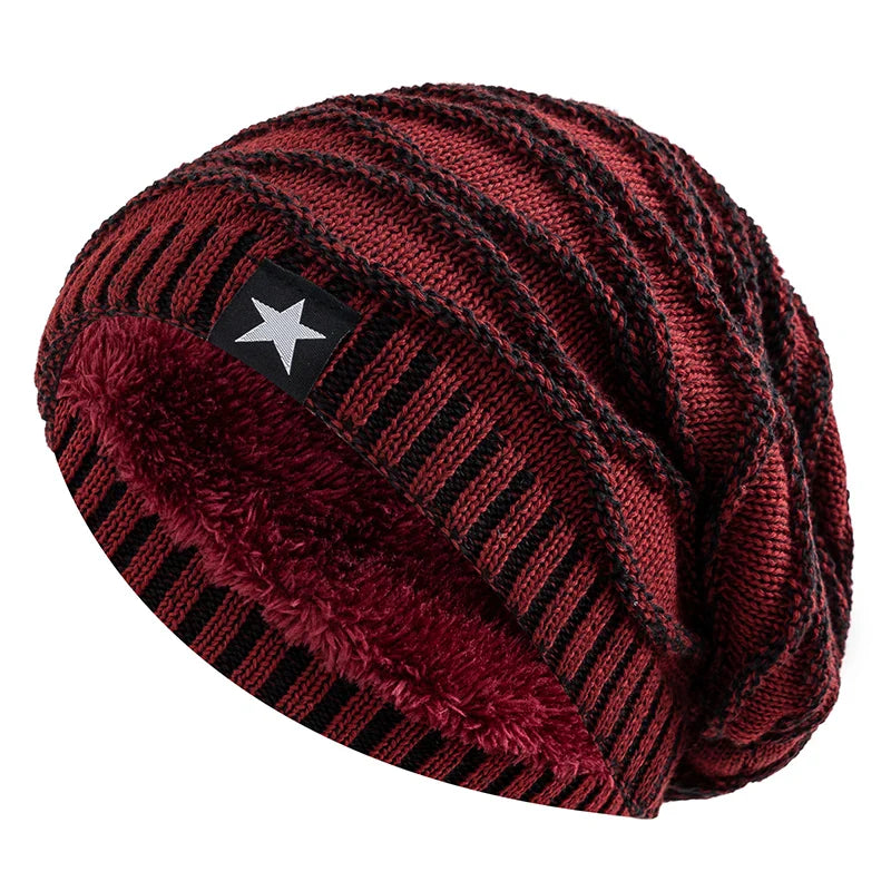 maoxiangshop New Unisex Slouchy Winter Hats Add Fur Lined Men And Women Warm Beanie Cap Casual Five-pointed Star Decor Winter Knitted Hats