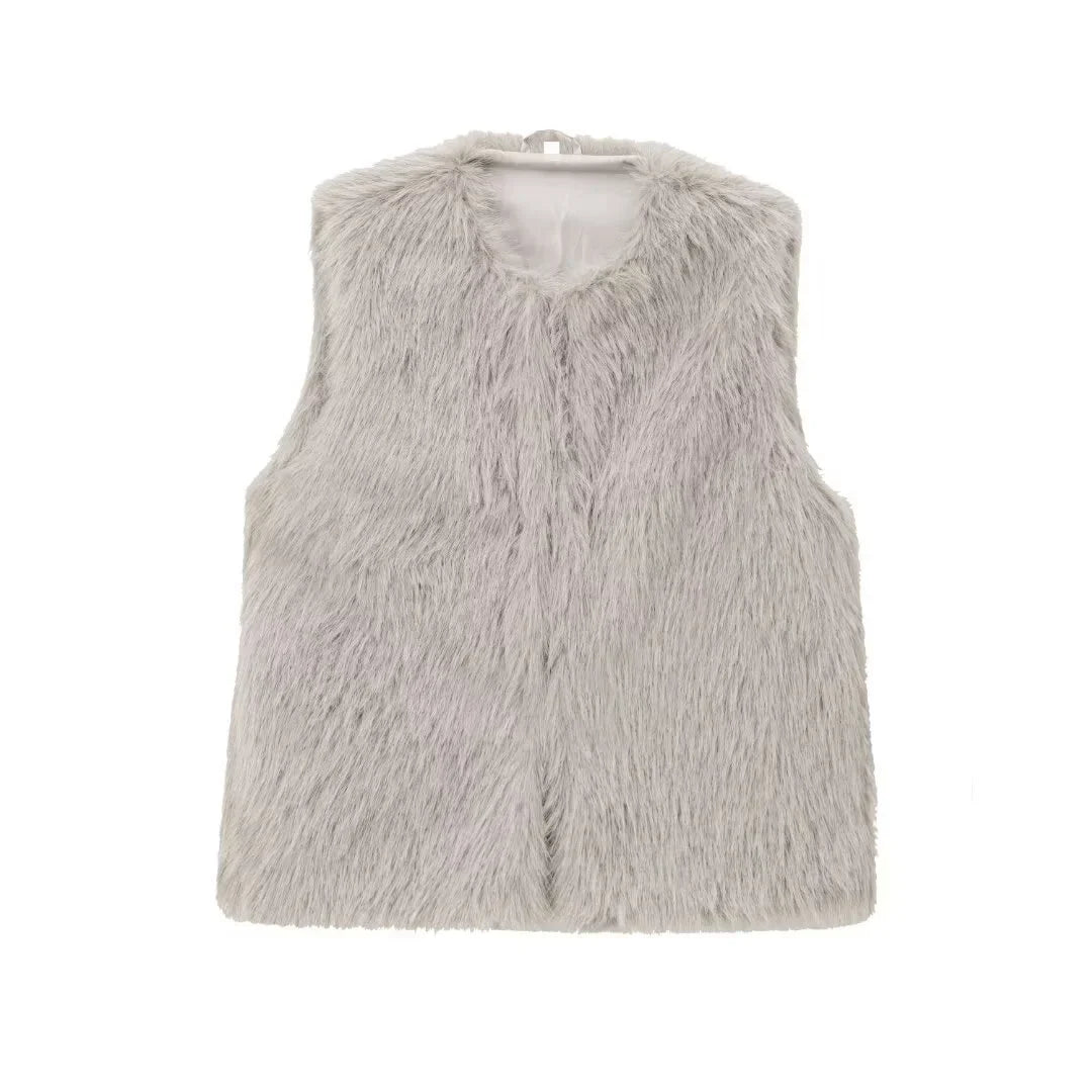 maoxiangshop - Casual Faux Fur Plush Vests Women Loose Round Neck Sleeveless Waistcoats Female 2024 Autumn Winter Fashion Solid Outwears Lady