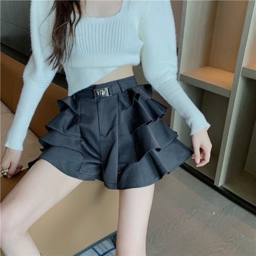 maoxiangshop High Street Y2k Korean Skirt Women Ruffles Designer Slim Party Casual Skirt Female Black Gothic Sexy Sashes Chic Vintage Clothes