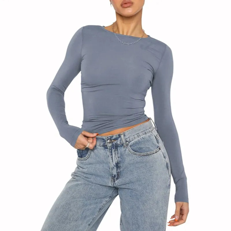 maoxiangshopWomen Autumn Slim Cropped Tops Solid Color Round Neck Long Sleeve Show Navel TShirt