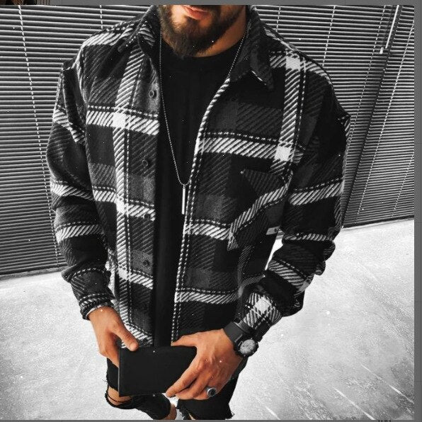 maoxiangshop Men Plaid Shirt Spring Fashion Large Size Pockets Long Sleeve Top Turn-down Collar Single-breasted Shirts