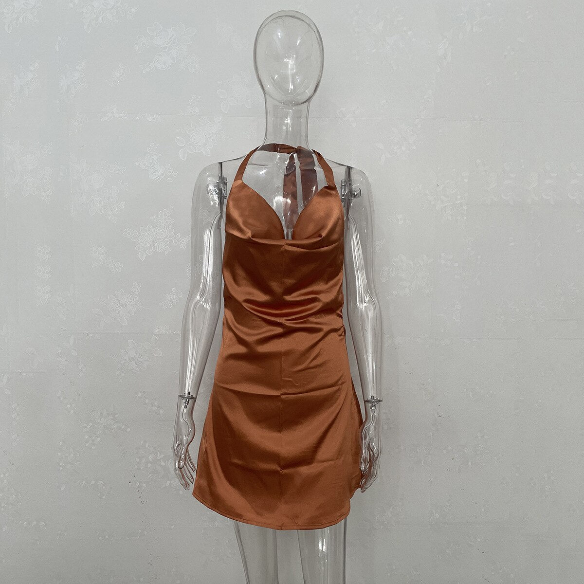 maoxiangshop Satin Sexy Backless Bandage Bodycon Mini Dresses Women Solid Halter Dress Party Night Club Vestidos Streetwear Summer