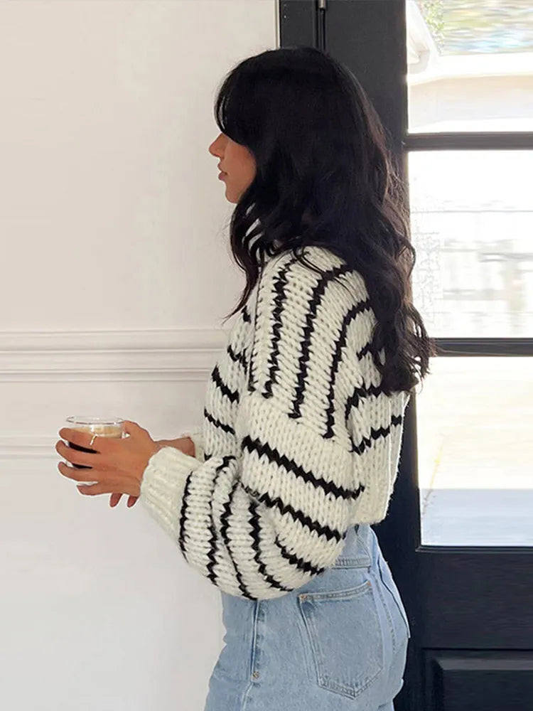 maoxiangshop - Casual Knitted Striped Pullover Sweaters Women Vintage Loose Contrast Color O-neck Sweater Female Autumn Chic Thick Streetwear