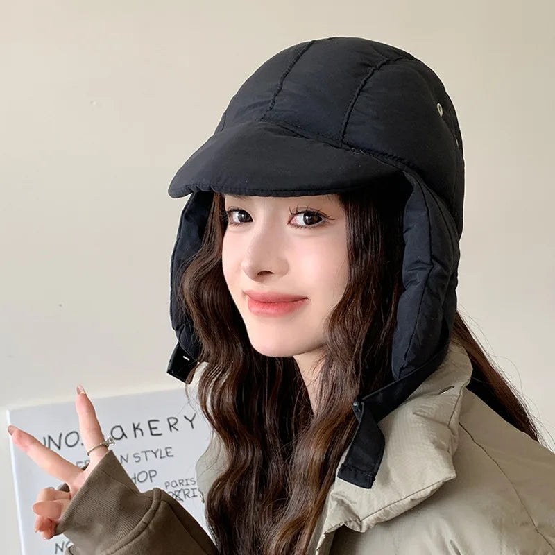 maoxiangshop - Down Cotton Bomber Hats for Women Winter Windproof Ear Protection Cap Warm Thick Motorcycle Lining Korean Solid Cycling Ski Hat