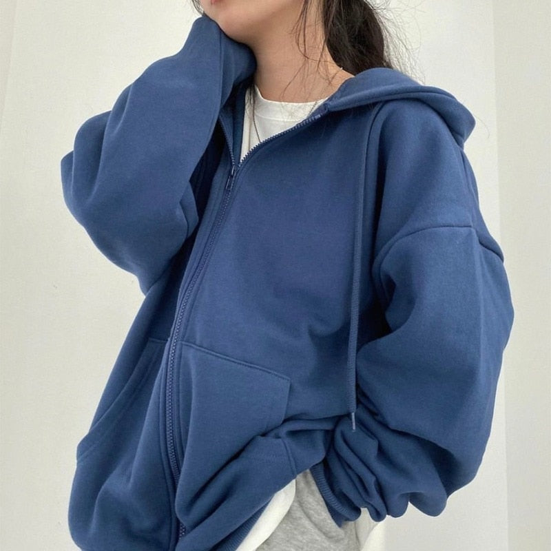 maoxiangshop Harajuku Zip Up Hoodie Women Retro Long Sleeve Oversized Solid Color Hoodies Autumn Korean Style Pocket Drawstring Sweatshirt