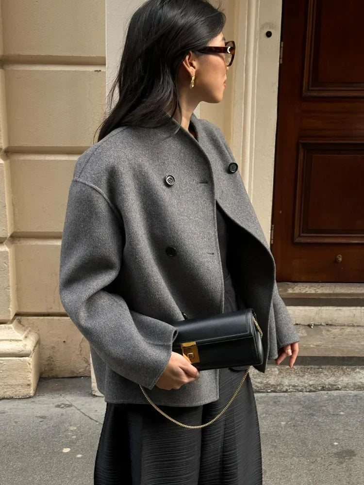 maoxiangshop - Elegant Warm Solid Woolen Cropped Coat Women Chic Stand Collar Double Breasted Long Sleeves Jacket Autumn Lady Commute Outercoat