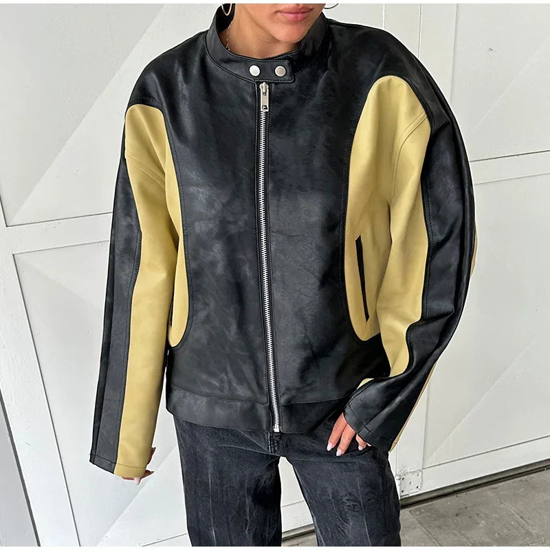maoxiangshop - Leather Bomber Jackets Women O-neck Long Sleeve Zipper Contrast Locomotive Coat 2024 Autumn Lady New Vintage Outwear