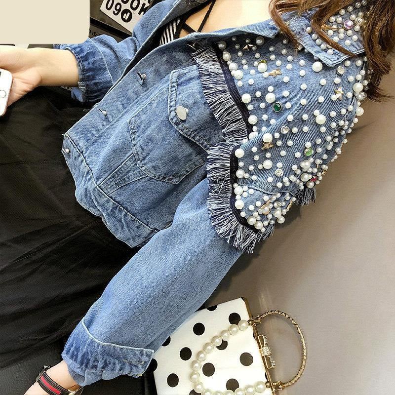maoxiangshop Autumn Denim Jacket Women Hand-studded Pearls Punk Tassel Veste Femme Loose Short Jeans Coats Chaquetas Mujer Streetwear