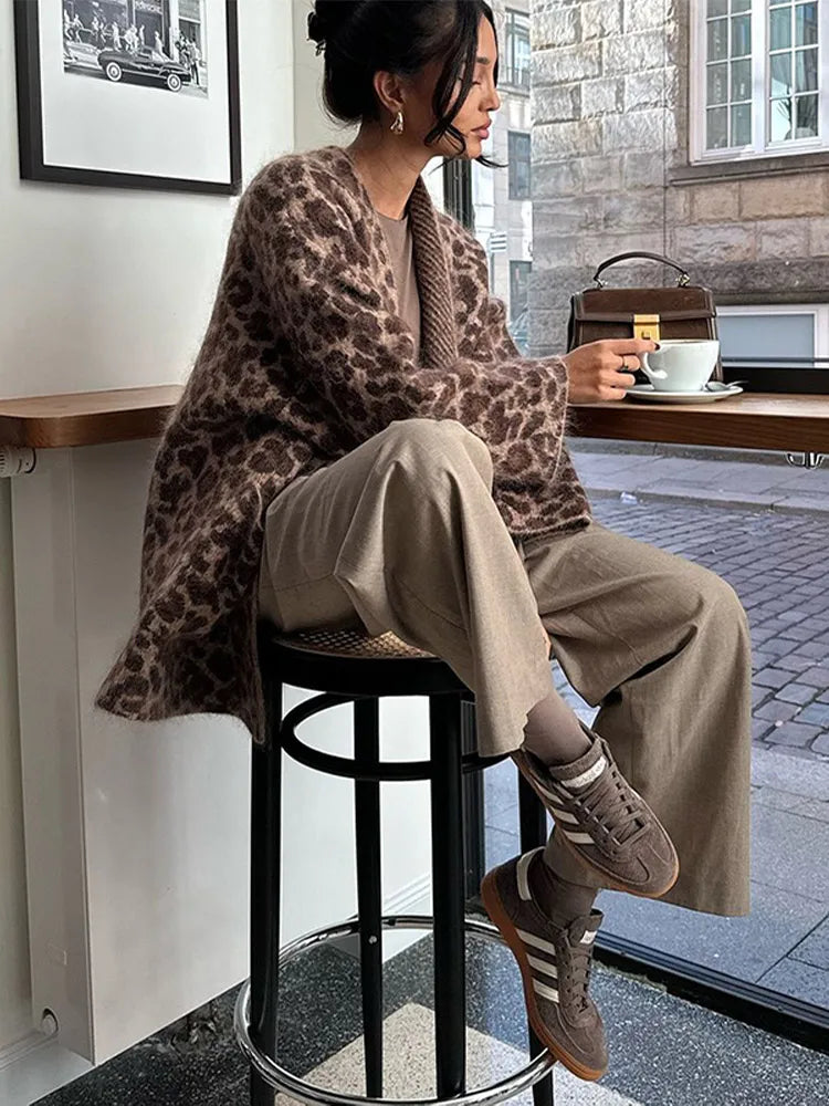 maoxiangshop - Fashion Mohair Leopard Printed Warm Coat Women Chic V-neck Pocket Oversized Jacket 2024 Autumn New Lady Casual High Streetwear