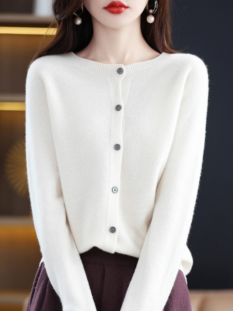 maoxiangshop Aliselect Long Sleeve Women Knitwear Cashmere Knit 100% Pure Merino Wool Spring Autume O-Neck Top Cardigan Sweater Clthing Coat