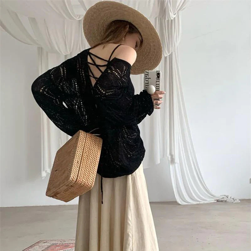 Lucyever Knitted Hollow Out Sweater Women Harajuku Loose Backless Lace Up Y2K Jumpers Female Korean Prepply Thin Sweaters Tops