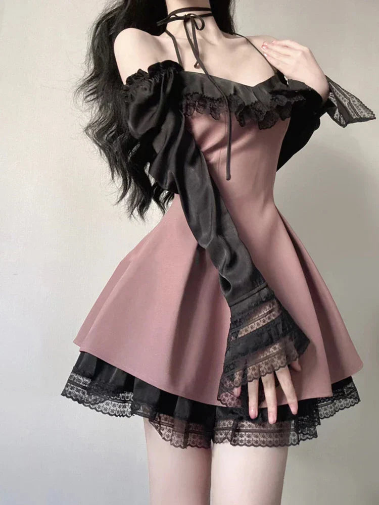 maoxiangshop-Sexy Hot Girl Outfits Lace Panel Long Sleeve Pink Mesh Dress Women Summer New Goth Slim Club Party Dresses Women