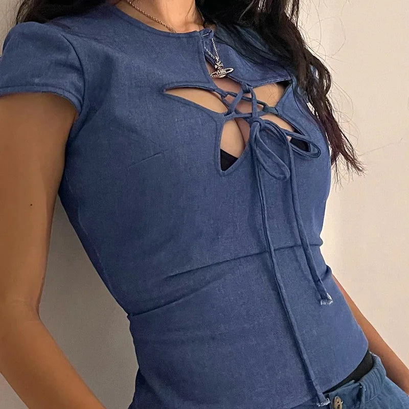 maoxiangshop - Lace Up Hollow Out Star Denim Crop Tops For Woman Summer Clothes Girly Y2k Cute Sexy T-Shirts Fitted Shirts Streetwear