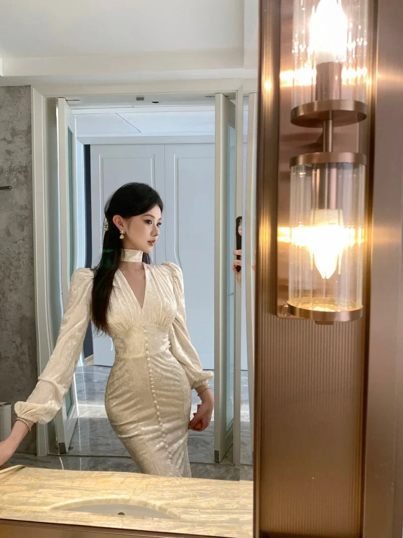maoxiangshop Elegant Chic Single Breasted Velvet Midi Dresses for Women Spring Autumn Vintage Evening Party Slim Mermaid Female Clothing Robe