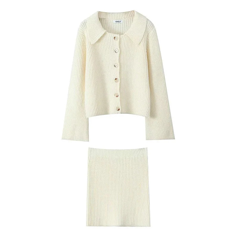 maoxiangshop - Autumn Knit Two Piece Sets Women Knitwear Jumper Loose Tops Long Sleeve Jacket Sweater Cardigan High Waist Skirt Mini Skirts