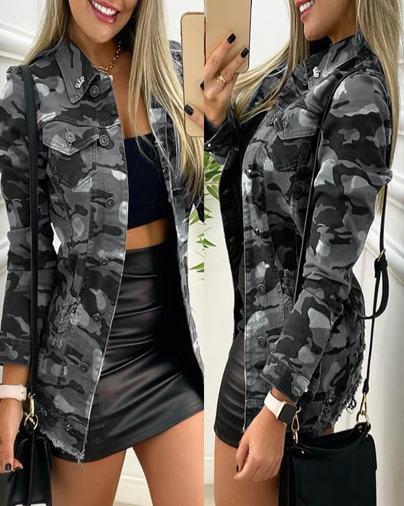 Camouflage Coat for Women Army Green Casual Women Long Sleeve Jackets Y2k Spring Autumn Slim Cardigan Streetwear Ins Jacket Top