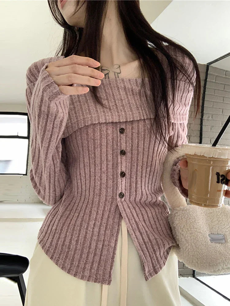 maoxiangshop-Off Shoulder Knit Pullover Women Chic Casual Slim Gentle Tops Female Spring New Square Neck Solid Long Sleeves Knitwears Lady