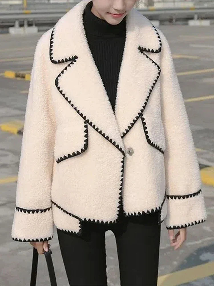 maoxiangshop - Lapel Loose Jackets Women 2024 Autumn Winter Street Long Sleeve Faux Lambswool Jacket Fashion Elegant Casual Coats Femme