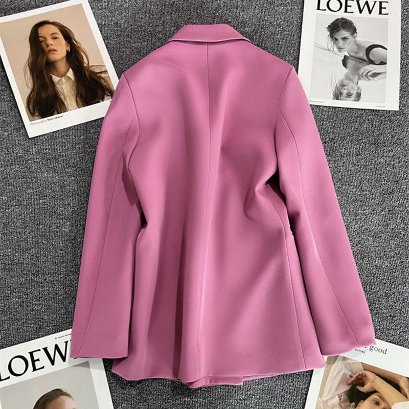 maoxiangshop Women Casual Blazer Double Breasted Suit Jacket Korean Version Pure Color Loose Fashion Suit Jacket Simple Office Ladies Tops