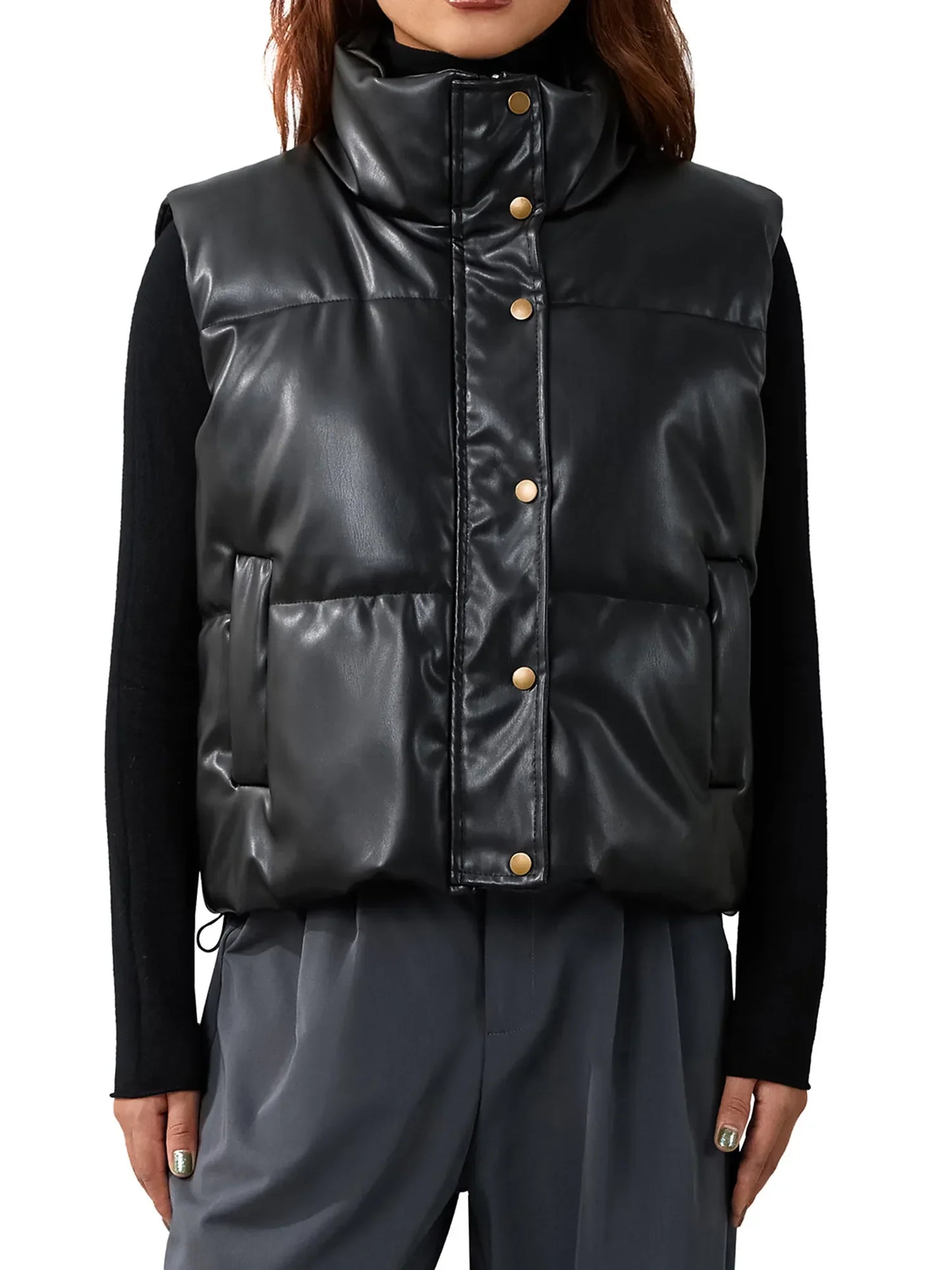 Zip-Up winter vest for women Black Coat Mock-Neck Tops Winter Casual Black Stand Collar PU Leather Coats Female Ladies
