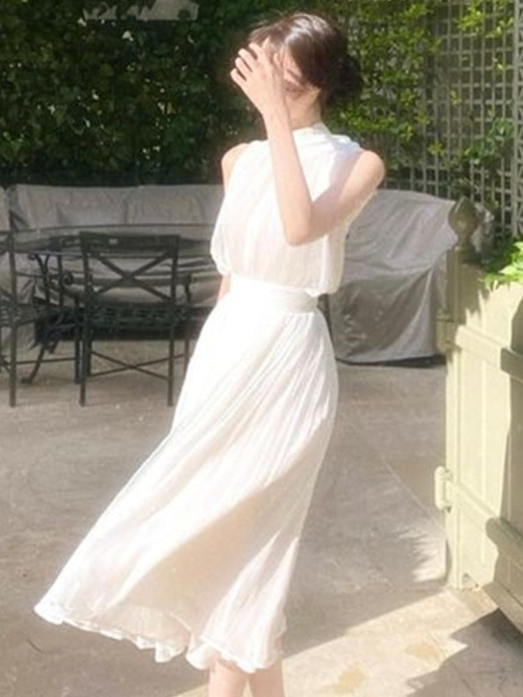 maoxiangshop Summer White France Vintage Dress Women Chiffon Elegant Evening Party Long Dress Ladies Casual Korean Style One-piece Dress