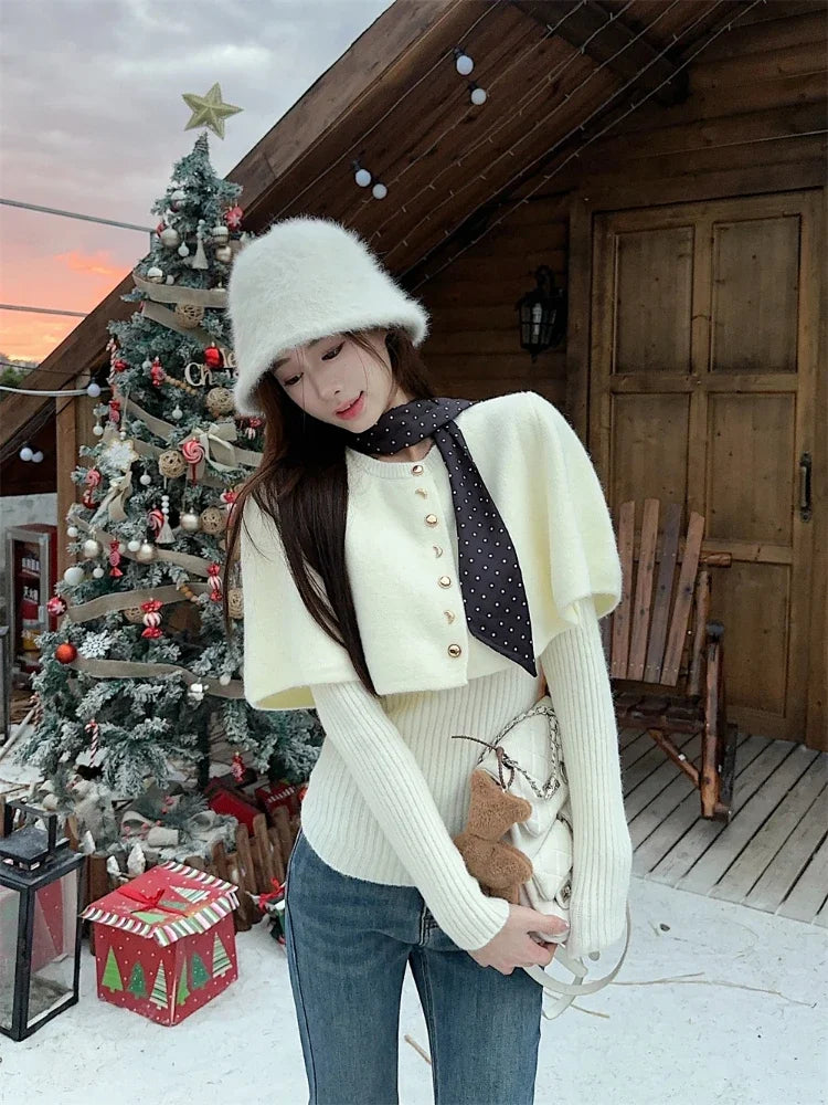 maoxiangshop - Vintage Red Poncho Sweater Women Ribbed Knitwear Two-Piece Set Pullover Korean Cutecore Long Sleeve Christmas Clothes