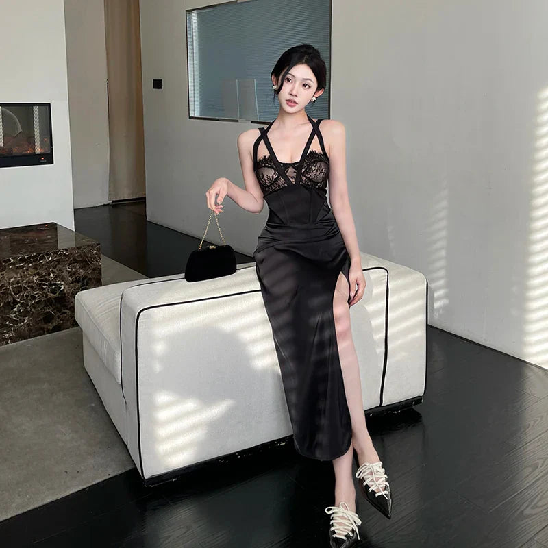 maoxiangshop-Women's Long Dresses 2024 Spring New Lace Splicing Slim Imperial Sexy High Split Spice Girl Slim Dresses