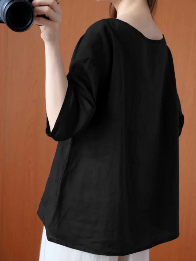 maoxiangshop Women Summer Blouse Casual Oversized Chemise Fashion Solid Vintage Half Sleeve Blusas Female O Neck Cotton Top Tunic