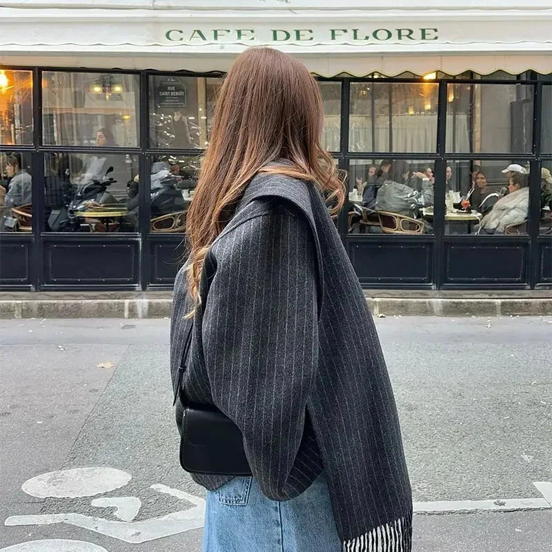 maoxiangshop - Fashion Striped Scarf Collar Short Jacket Women Elegant Wool Blend Single Breasted Crop Coat 2024 New Autumn Street Warm Outwear