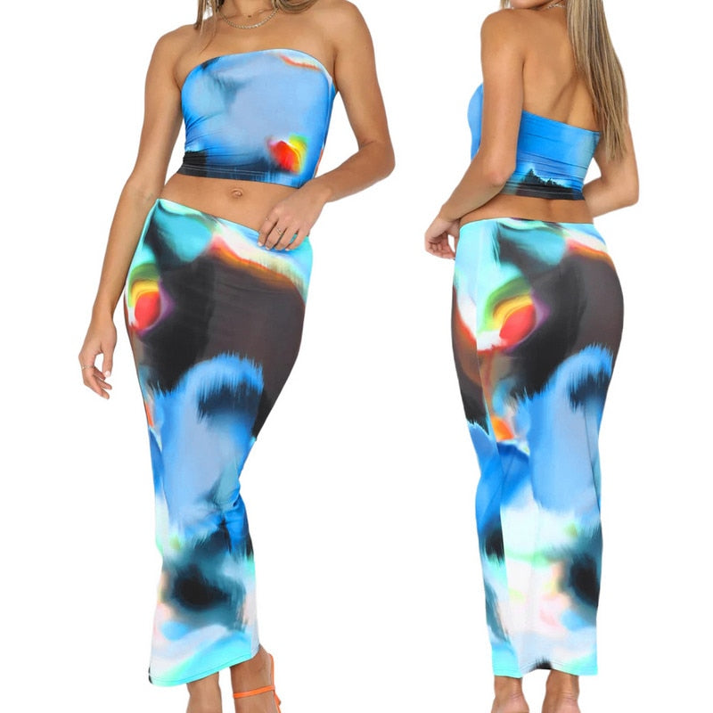 maoxiangshopTwo Piece Skirt Set Women's Suit y2k Clothes Summer Sexy Outfit Cropped Top and Split Skirt Chic Elegant Female Clothing