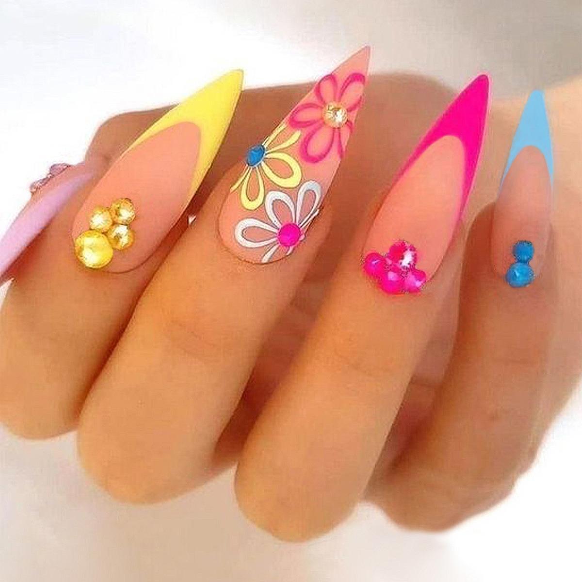 24Pcs False Nails With Glue Almond Pink Butterfly Design Detachable Rhinestones Acrylic Fake Nails long stiletto Press On Nails