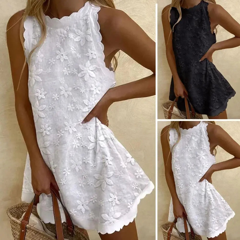 maoxiangshop Women Summer Dress Floral Embroidery Off Shoulder Lady Dress Solid Color O Neck Sleeveless Dress Big Hem Ruffle Female Dress