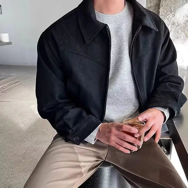 maoxiangshop Elegant Solid Brown Coat Men Spring Autumn High-End Loose Lapel New Zipper Short Jacket Vintage Streetwear Bomber Jacket
