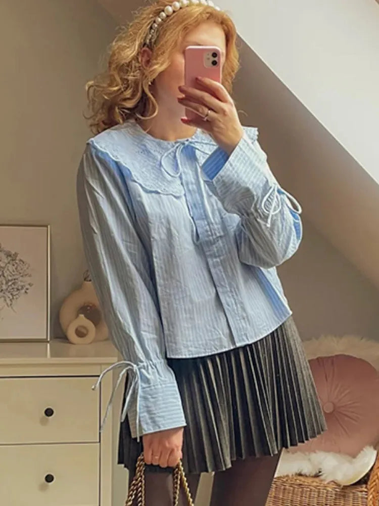 maoxiangshop - Sweet Striped Lace Up Women Shirts Cute Flare Sleeve Embroidery Lapel Female Blouses 2024 Spring Summer Casual Tops Streetwear