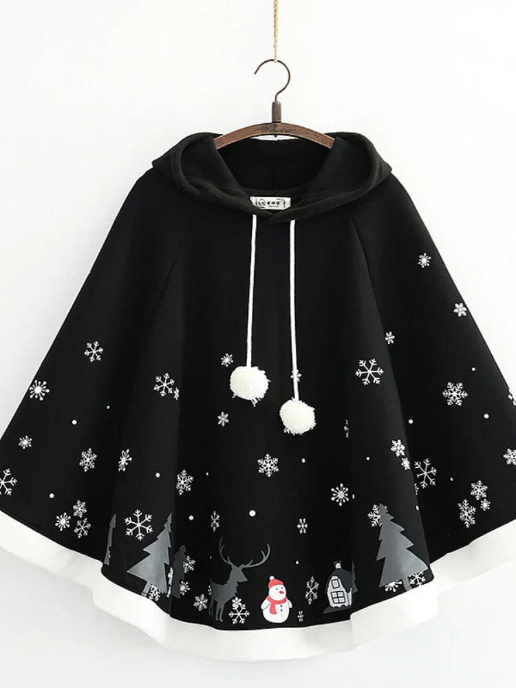 Women's Poncho Fleece Hooded Cape Coat Cartoon Print Batwing Sleeve Bat Sleeved Female Winter Outwear Jacket