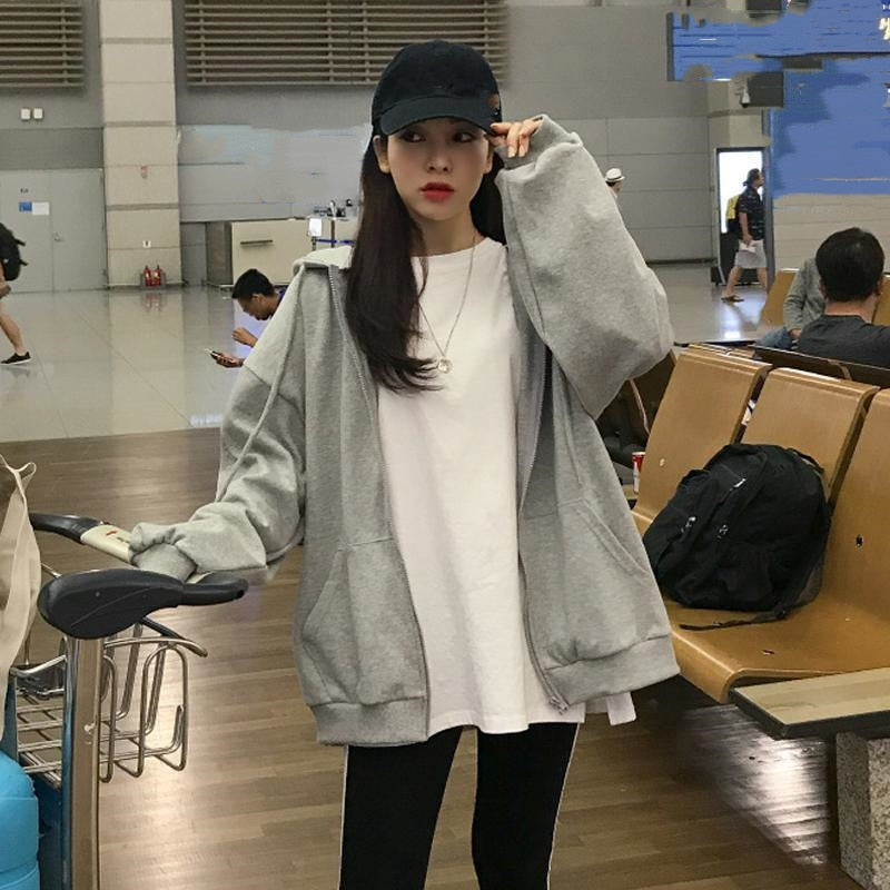 maoxiangshop Harajuku Zip Up Hoodie Women Retro Long Sleeve Oversized Solid Color Hoodies Autumn Korean Style Pocket Drawstring Sweatshirt
