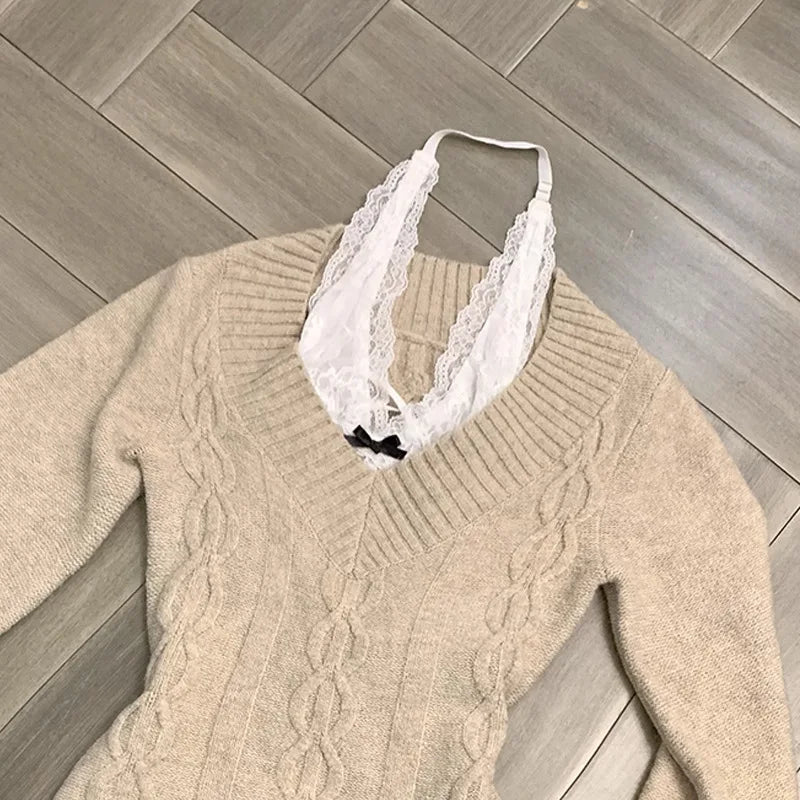 maoxiangshop - 2024 Women Grunge Knitted Twist Sweaters Y2k Aesthetic Women Streetwear Sweet Jumpers Harajuku Vintage Slim Fit Autumn Knitwear