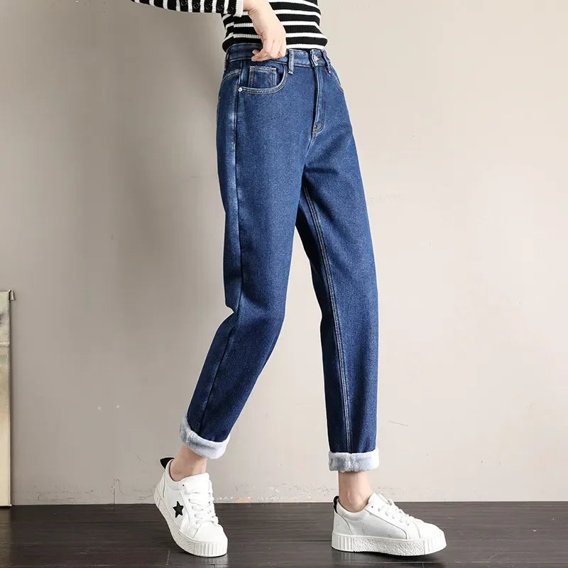 maoxiangshop Fleece Jeans Women Baggy Harem Pants Winter New High Waist Straight Thickened Warm Boyfriend Velvet Denim Trousers