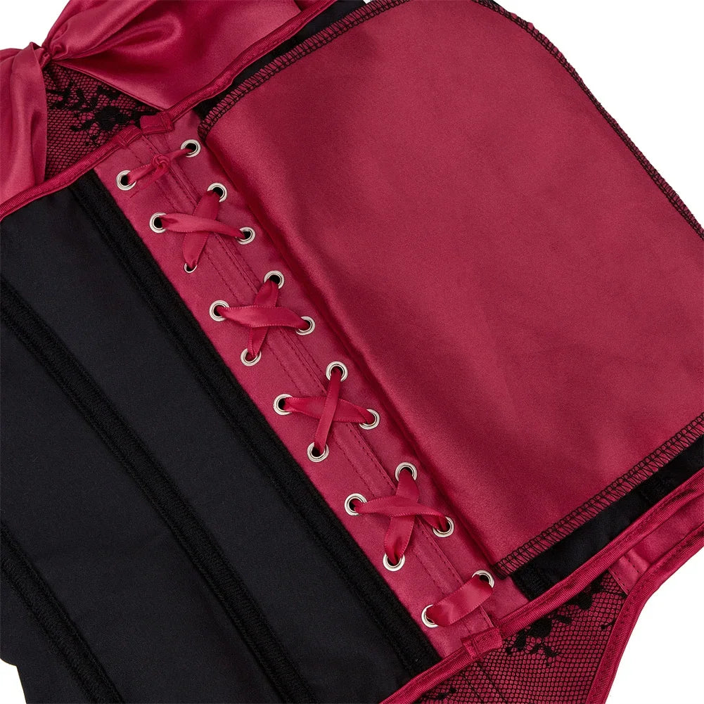 maoxiangshop - Woman Corset Vintage Satin Corsets Floral Lace Up Bustier Gothic Exotic Bustiers Romantic Bridal Outfit Medieval Party Costumes
