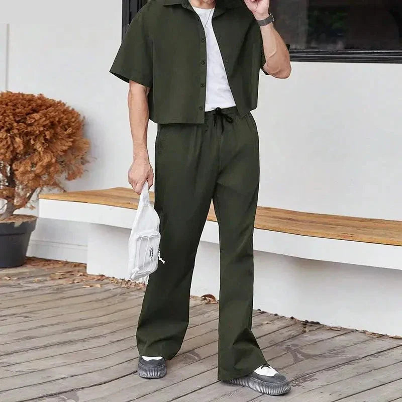 maoxiangshop 2024 Men Sets Solid Color Streetwear Lapel Short Sleeve Shirt & Pants Two Pieces Sets Fashion Men's Casual Suits S-5XL