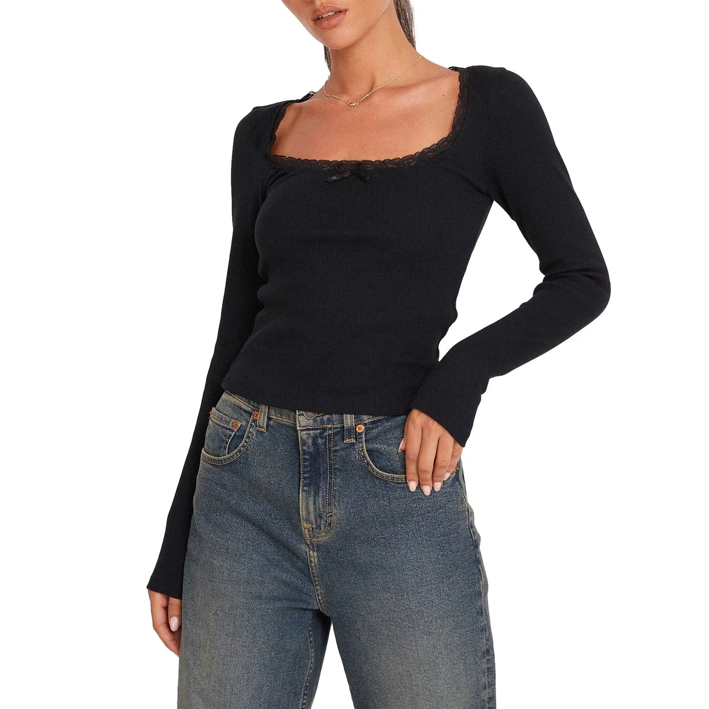 maoxiangshopWomen s Spring Autumn Slim Tops Black Long Sleeve Button Down Ribbed Skinny T-shirt