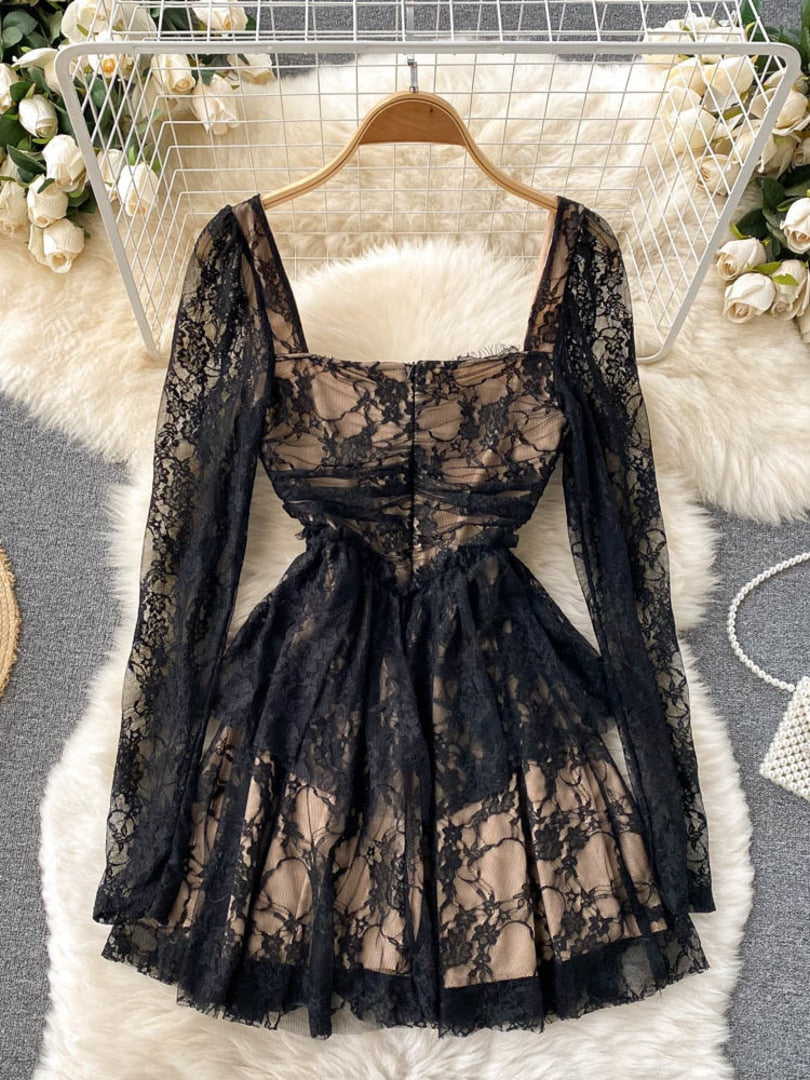maoxiangshop Elegant Black Lace Dress Women Sexy Hollow Out Mini Party Dress Square Collar Full Sleeve Slim Waist A-line Clubwear Robe Femme