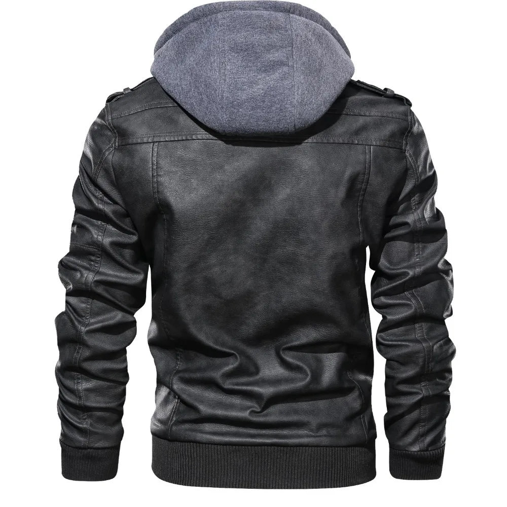 maoxiangshop Autumn Winter Men's Leather Jackets Hooded Casual Motorcycle PU Jackets Biker Leather Outerwear Brand Clothing