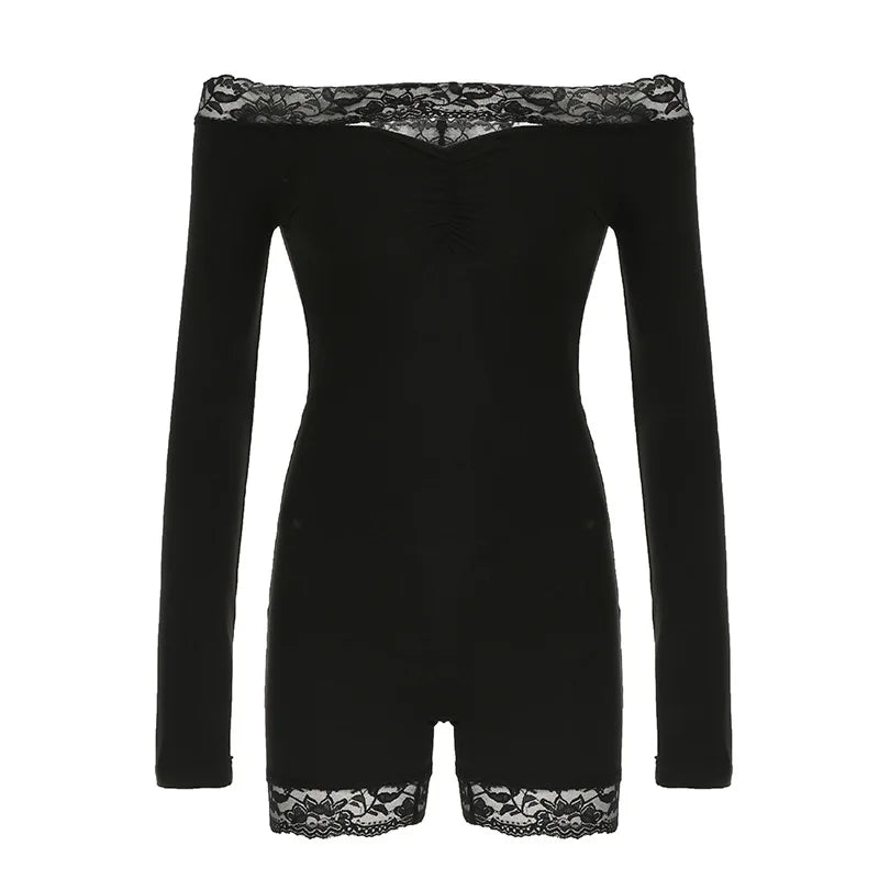 maoxiangshop - 2024 Autumn Lace Patchwork Hollow Out Skinny Playsuits Women Sexy Off Shoulder Long Sleeve Skinny Rompers Club Party Jumpsuits